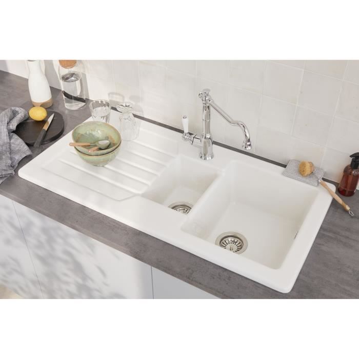 Evier a encastrer céramique blanc - JACOB DELAFON - 1,5 bac - 100cm - Réversible avec égouttoir