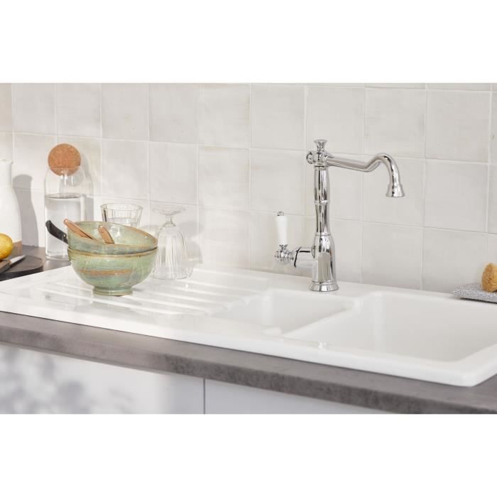 Evier a encastrer céramique blanc - JACOB DELAFON - 1,5 bac - 100cm - Réversible avec égouttoir