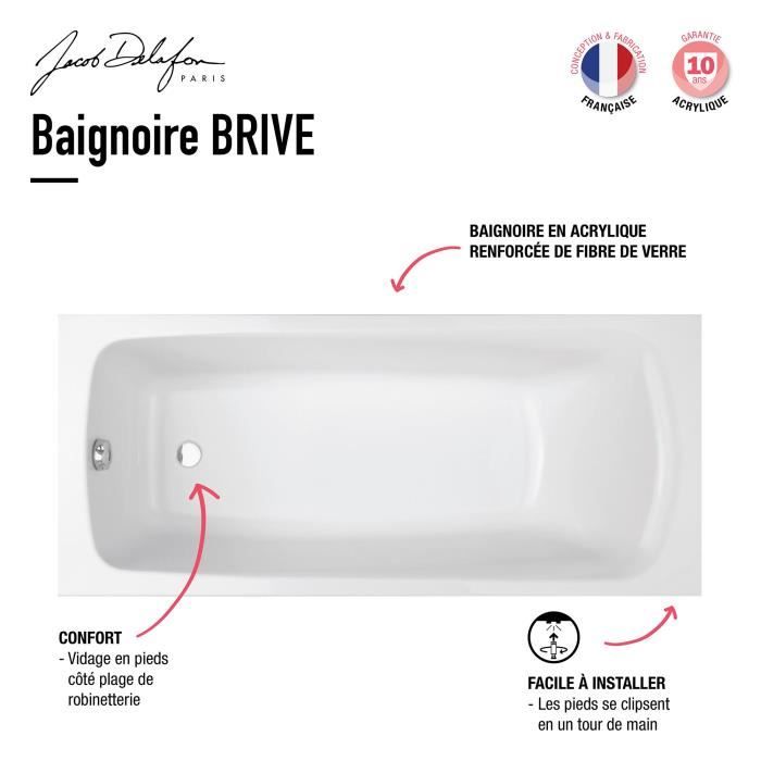 Baignoire rectangulaire Brive 170x75 cm Blanche Jacob Delafon E6115-00