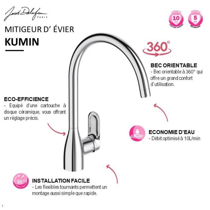 Mitigeur évier KUMIN - Bec tube orientable - Finition chrome - JACOB DELAFON