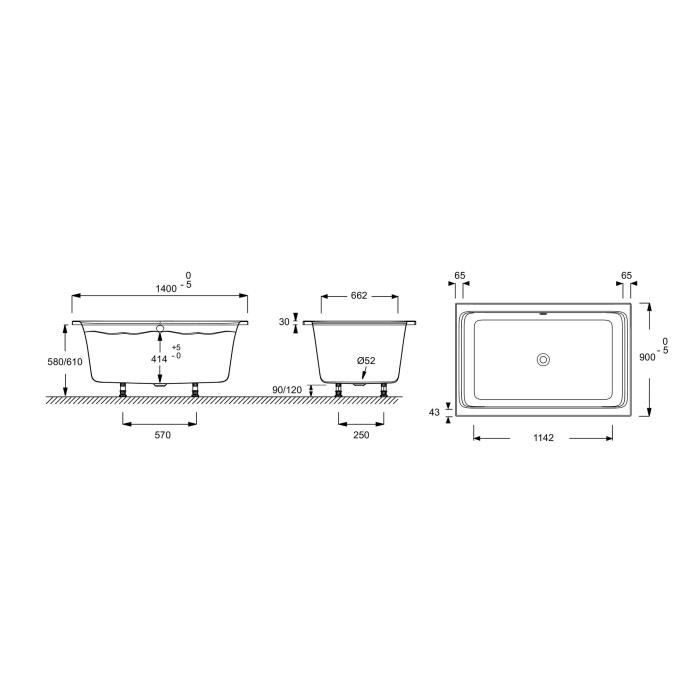 Baignoire rectangulaire bain-douche Jacob Delafon Capsule 140 x 90 cm Blanche