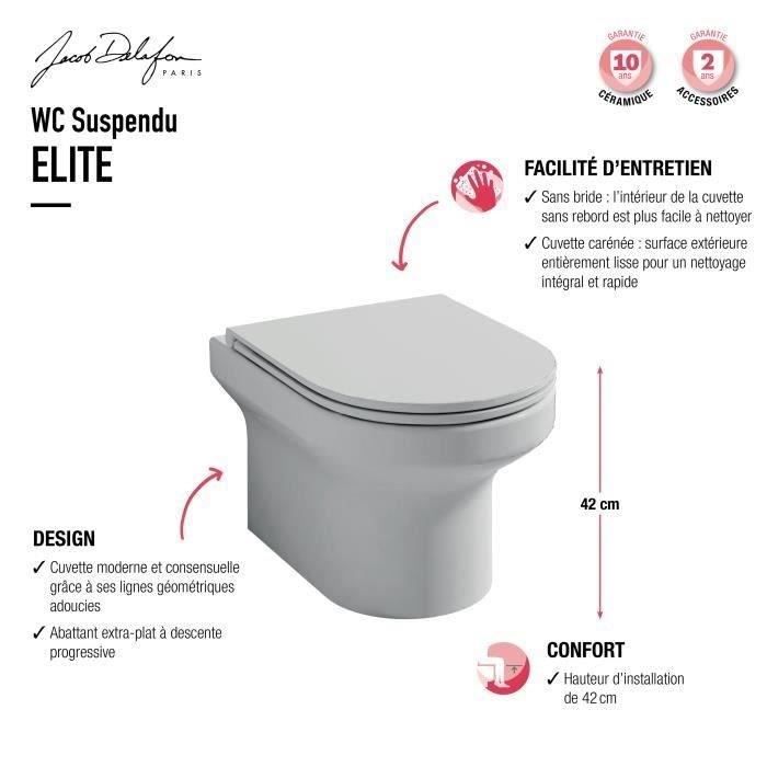 JACOB DELAFON Pack WC suspendu sans bride Elite, abattant extraplat fermeture douce, Blanc, EDX112-00
