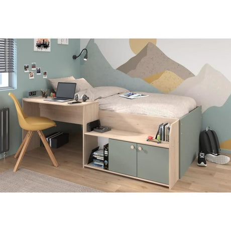 Lit combiné enfant 90x190/200 cm JADE - Chene / Vert céladon - Bureau et rangements - PARISOT