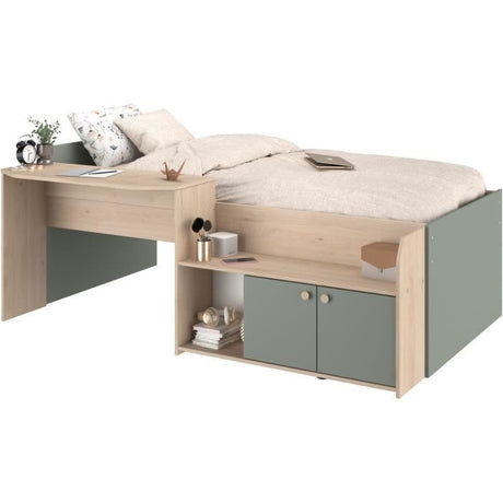 Lit combiné enfant 90x190/200 cm JADE - Chene / Vert céladon - Bureau et rangements - PARISOT