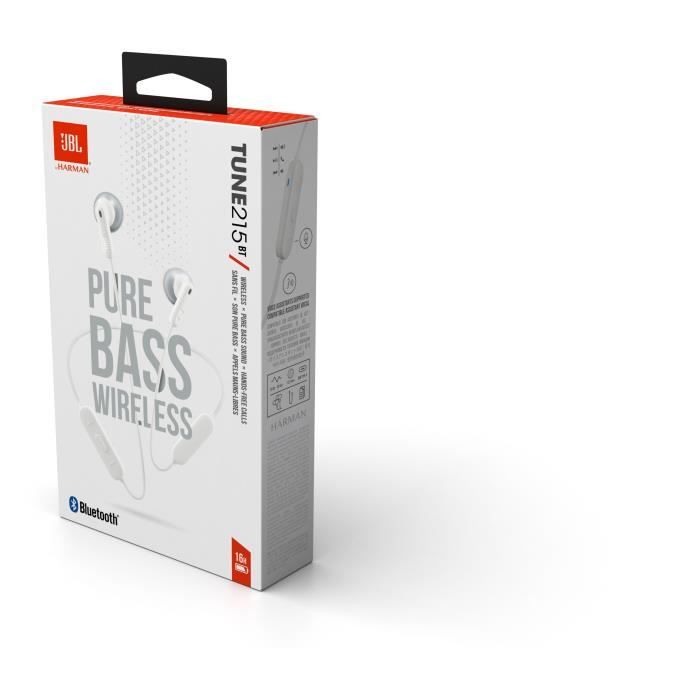 Ecouteurs boutons sans fil JBL TUNE 215BT - Bluetooth 5.0 - Pure Bass - Cable anti noeuds - 16h d'autonomie - Blanc