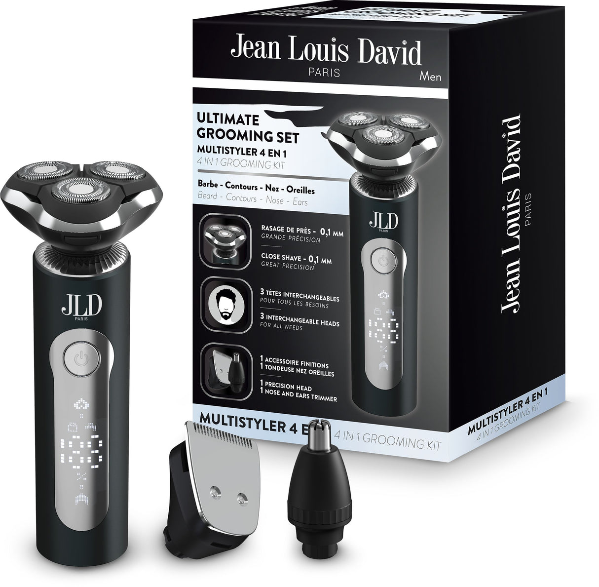 Tondeuse multi-usages - JEAN LOUIS DAVID - KIT GROOMING 4-en-1 - 3 tetes - Ecran digital - Noir