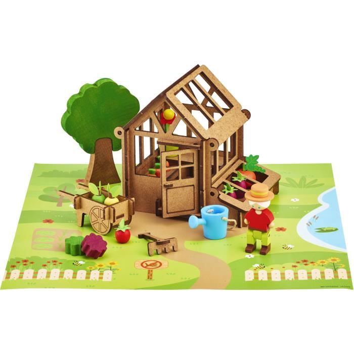 La Serre du Jardinier 40 Pieces - JEUJURA - Jeu de Construction en Bois Naturel, Tapis et Accessoires Inclus, 22x18,5x8,5 cm