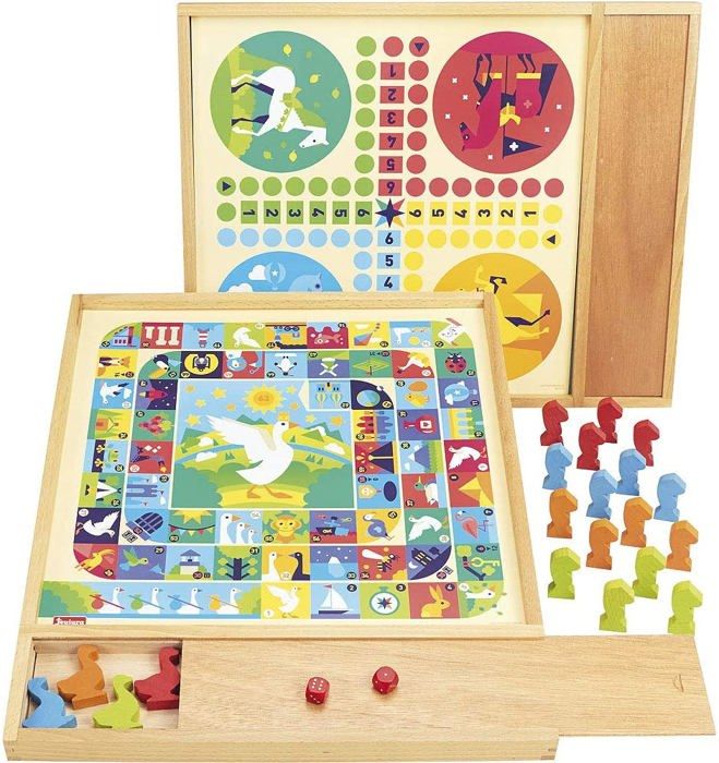 JEUJURA Jeux de l'oie et petits chevaux - Plateau avec plumier en bois