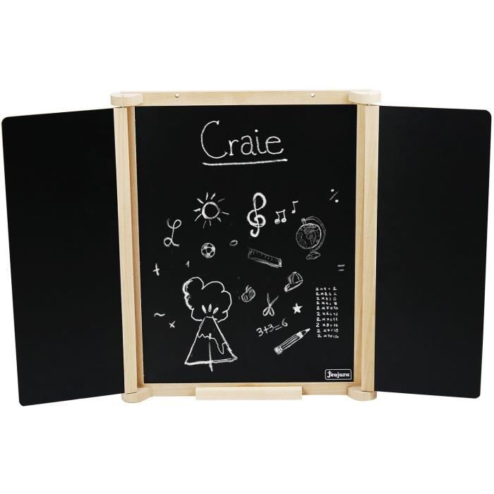 Tableau Triptyque Mural en Bois Naturel - JEUJURA - Ardoise Centrale et Volets Craie/Feutre, Accessoires Inclus, 82x56 cm