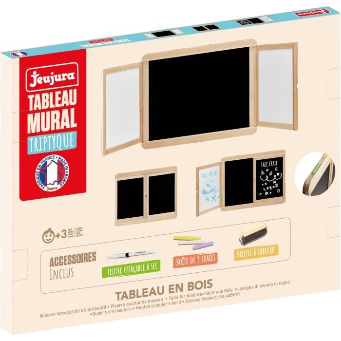 Tableau mural triptyque - JEUJURA - Ardoise craie, 2 volets face blanche et craie