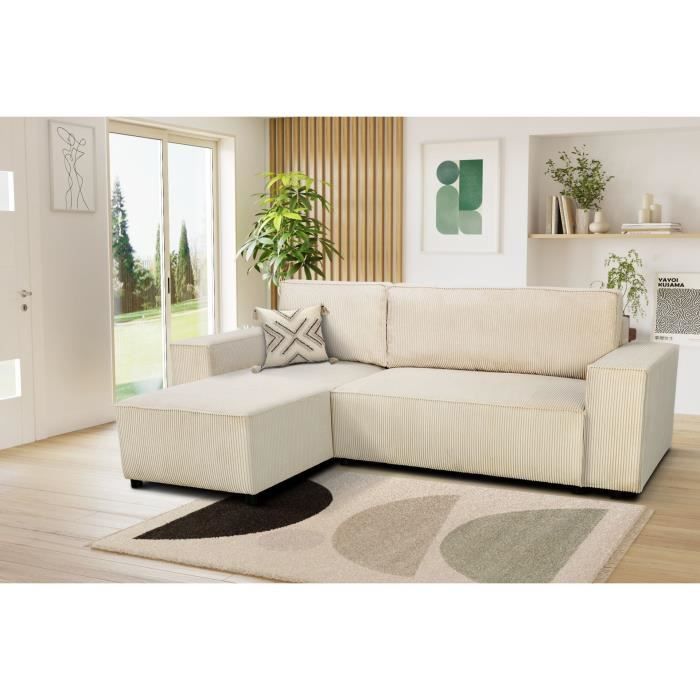 Canapé d'angle convertible réversible - 4 places - JOSH - Tissu velours cotelé Perle - Coffre - 242 x 155 x 86 cm