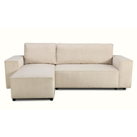 Canapé d'angle convertible réversible - 4 places - JOSH - Tissu velours cotelé Perle - Coffre - 242 x 155 x 86 cm