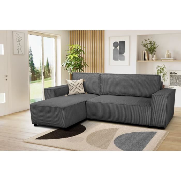 Canapé d'angle convertible réversible - 4 places - JOSH - Tissu velours cotelé - Anthracite - Coffre - 242 x 155 x 86 cm