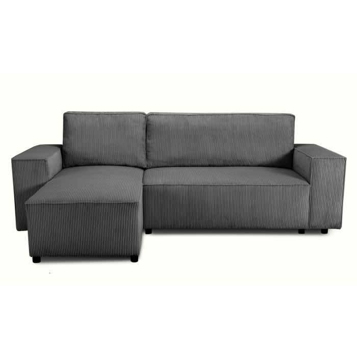 Canapé d'angle convertible réversible - 4 places - JOSH - Tissu velours cotelé - Anthracite - Coffre - 242 x 155 x 86 cm