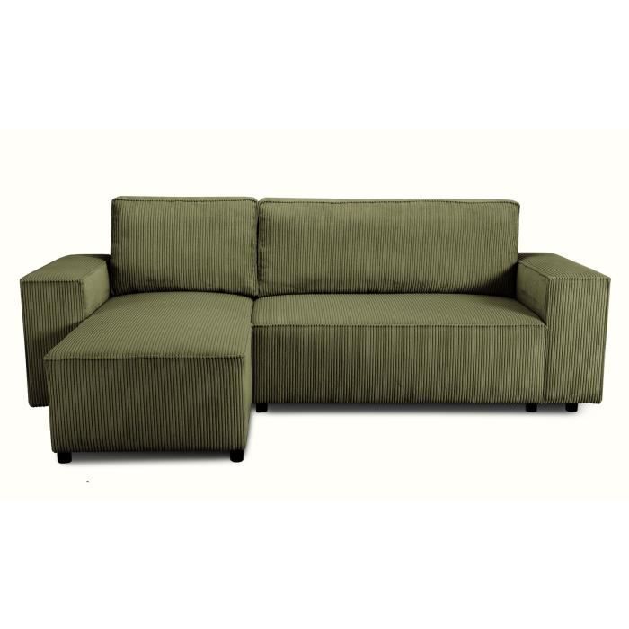 Canapé d'angle convertible réversible - 4 places - JOSH - Tissu velours cotelé - Kaki - Coffre - 242 x 155 x 86 cm
