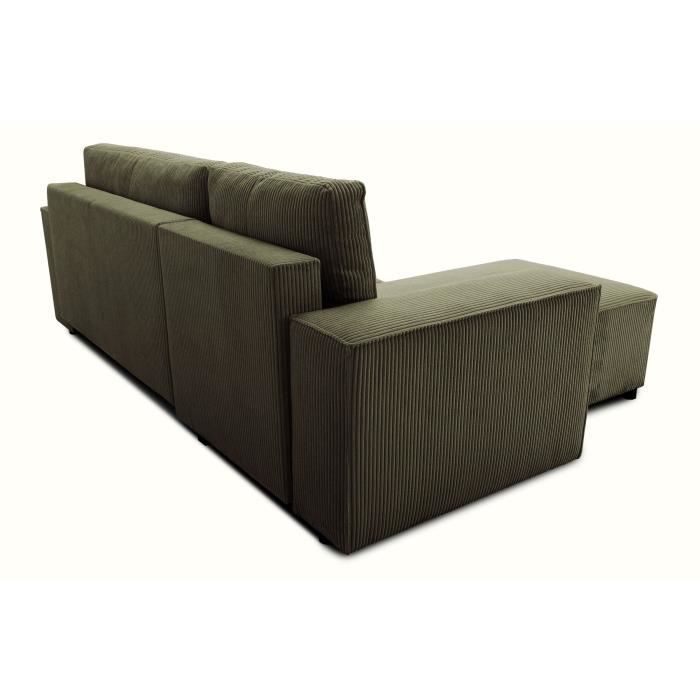Canapé d'angle convertible réversible - 4 places - JOSH - Tissu velours cotelé - Kaki - Coffre - 242 x 155 x 86 cm
