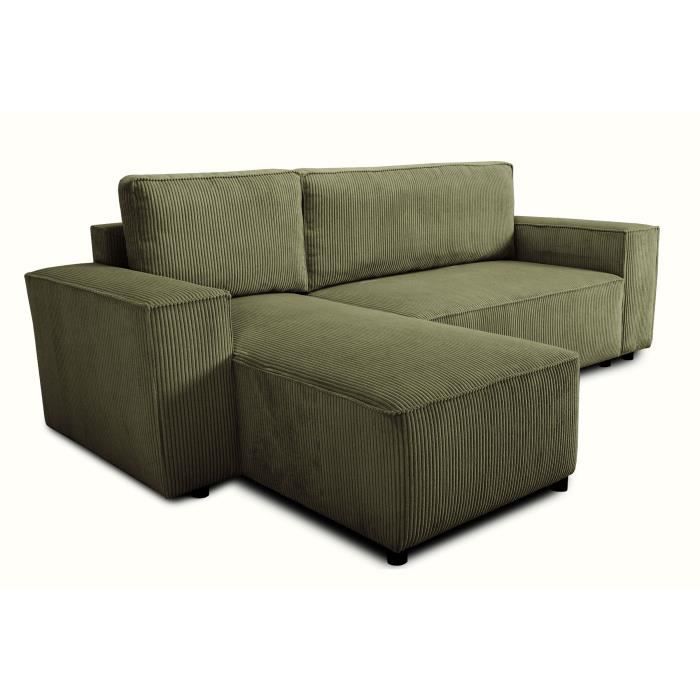 Canapé d'angle convertible réversible - 4 places - JOSH - Tissu velours cotelé - Kaki - Coffre - 242 x 155 x 86 cm