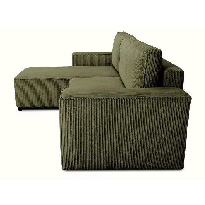 Canapé d'angle convertible réversible - 4 places - JOSH - Tissu velours cotelé - Kaki - Coffre - 242 x 155 x 86 cm