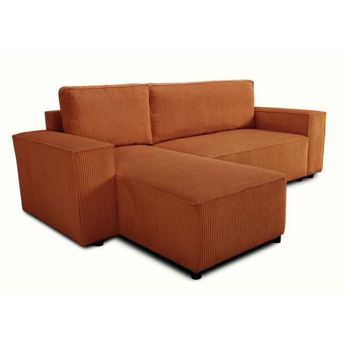 Canapé d'angle convertible réversible - 4 places - JOSH - Tissu velours cotelé - Terracotta - Coffre - 242 x 155 x 86 cm