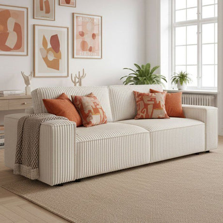Canapé convertible 3 places - JOSH - Tissu velours grosses côtes beige - Coffre - 239 x 86 x 85 cm