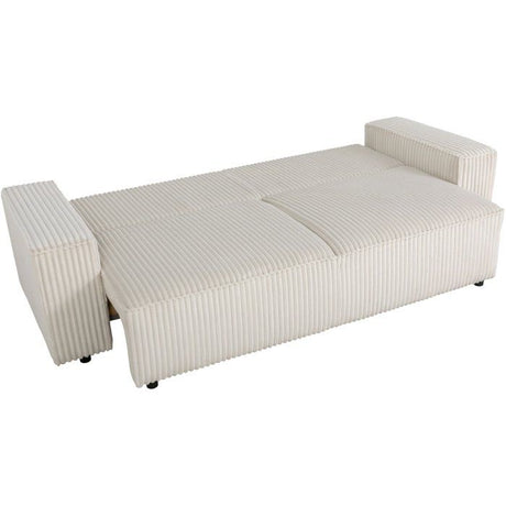 Canapé convertible 3 places - JOSH - Tissu velours grosses côtes beige - Coffre - 239 x 86 x 85 cm