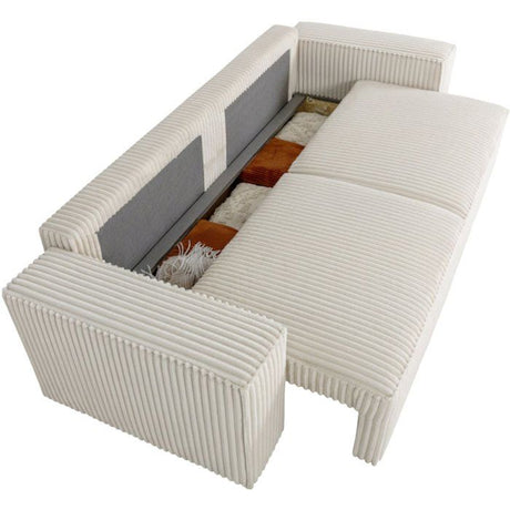 Canapé convertible 3 places - JOSH - Tissu velours grosses côtes beige - Coffre - 239 x 86 x 85 cm