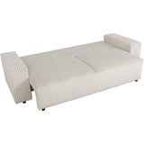 Canapé convertible 3 places - JOSH - Tissu velours grosses côtes beige - Coffre - 239 x 86 x 85 cm