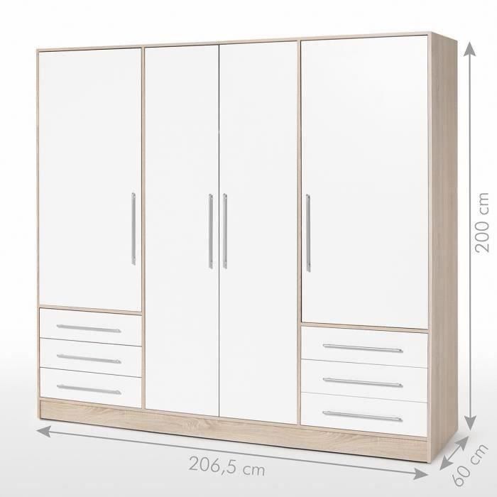 Armoire 4 portes battantes + 6 tiroirs - Chene et blanc - L 206 x P 60 x H 200 cm - JUPITER