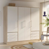 Armoire 4 portes battantes + 6 tiroirs - Chene et blanc - L 206 x P 60 x H 200 cm - JUPITER