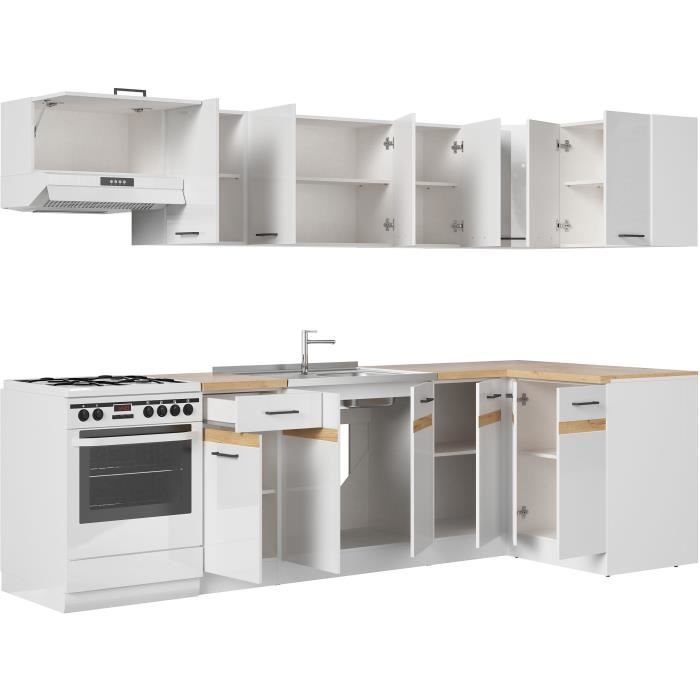 JUNONA Cuisine d'angle complete 340cm - 10 ÈlÈments - Plan de travail inclus - Blanc brillant
