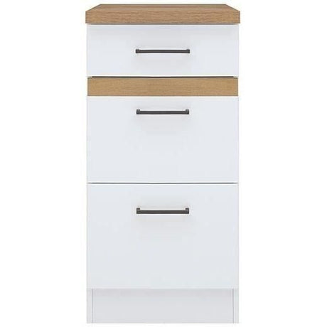 JUNONA Meuble bas de cuisine 40 cm - 3 tiroirs + plan de travail - Blanc brillant