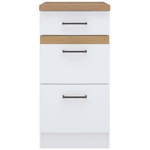 JUNONA Meuble bas de cuisine 40 cm - 3 tiroirs + plan de travail - Blanc brillant