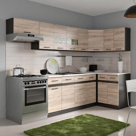 JUNONA Cuisine d'angle complete et plan de travail L 3m40 - Angle réversible - Décor chene sonoma - plan de travail inclus