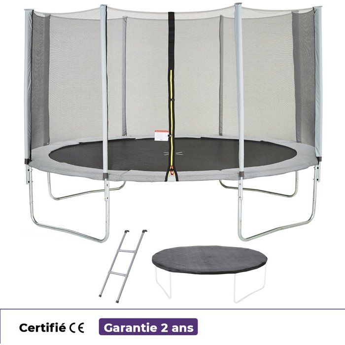 Trampoline KANGUI - GRIS Ř 426-430 cm – Enfant – Échelle & Bâche – Certification CE & NF EN 71–14