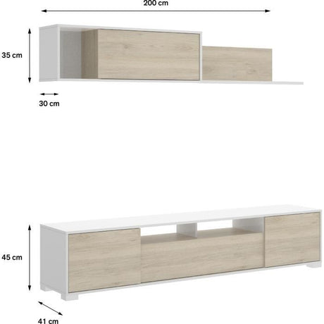 Paroi murale TV - KEN - Blanc Brillant / Chene - Portes et étagere - 200 x 41 x 180 cm