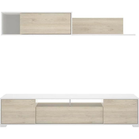 Paroi murale TV - KEN - Blanc Brillant / Chene - Portes et étagere - 200 x 41 x 180 cm