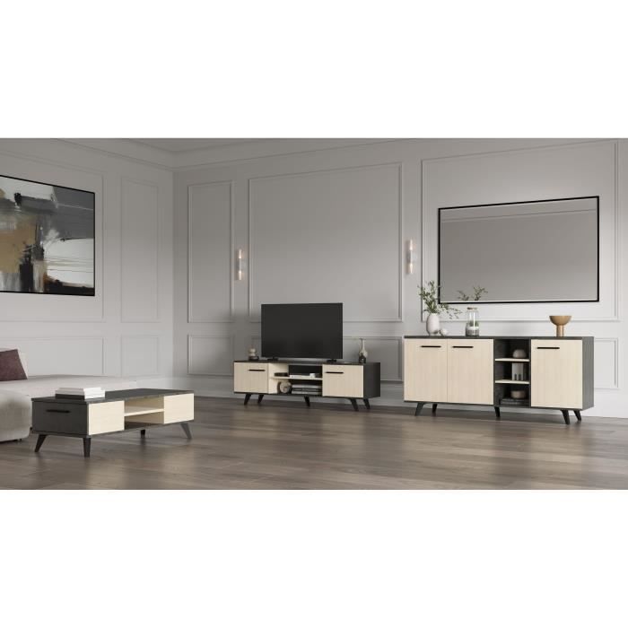 Ensemble salon - Enfilade, buffet haut, table basse - KENT- Chene de fil / Sidewalk - DEMEYERE