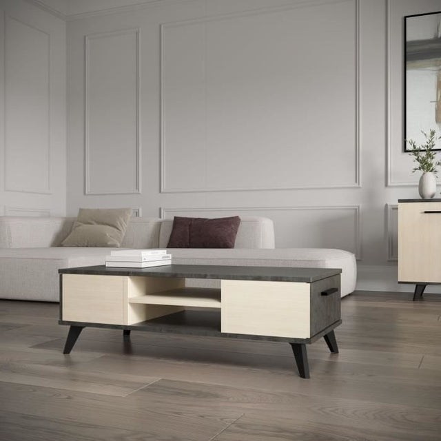 Table basse - KENT - Rectangulaire - Chene de file / Sidewalk - 2 tiroirs - 1 rayon - Pieds - 106,6 x 50,1 x 35,2 cm