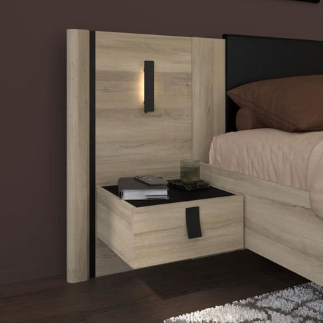 Lit double adulte avec 2 chevets - KIERAN - 140 x 190/200 cm - Chene/Noir - PARISOT