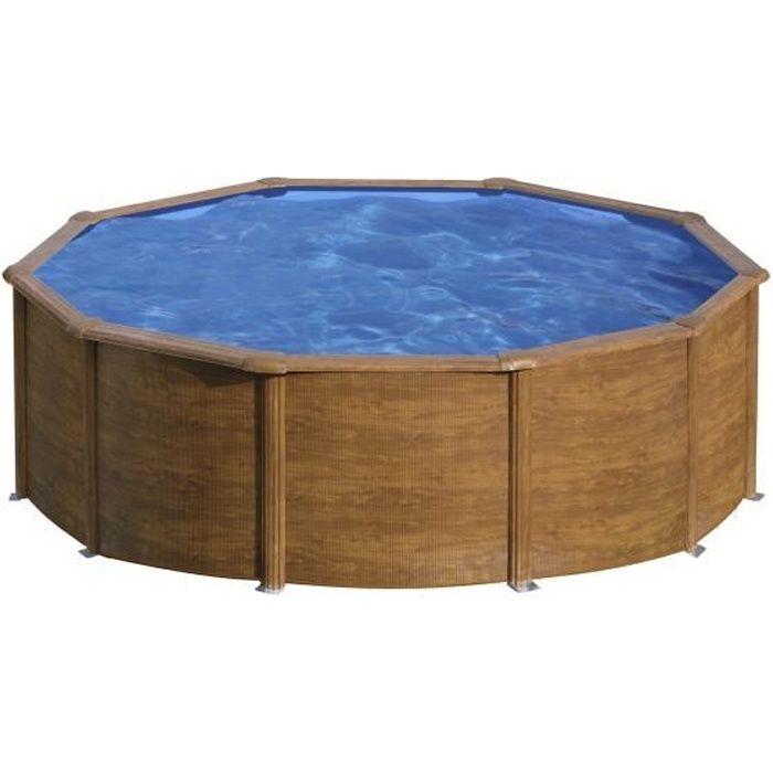 Piscine hors sol acier ronde imitation bois - GRE - Pacific - Diametre 4,80m - Filtre a sable et échelle inclus