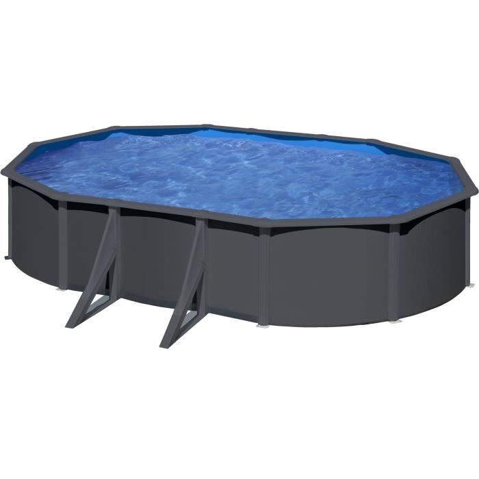 GRE - Kit Piscine hors sol acier ovale grise anthracite - 5,27m x 3,27m x H: 1,22m (Livrée avec filtre a sable + échelle)