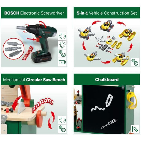 Grand établi Bosch - KLEIN - 8734 - Bois FSC - Avec visseuse électronique, caisse a outils, set de construction, etc. - Des 3 ans