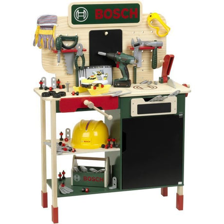 Grand établi Bosch - KLEIN - 8734 - Bois FSC - Avec visseuse électronique, caisse a outils, set de construction, etc. - Des 3 ans