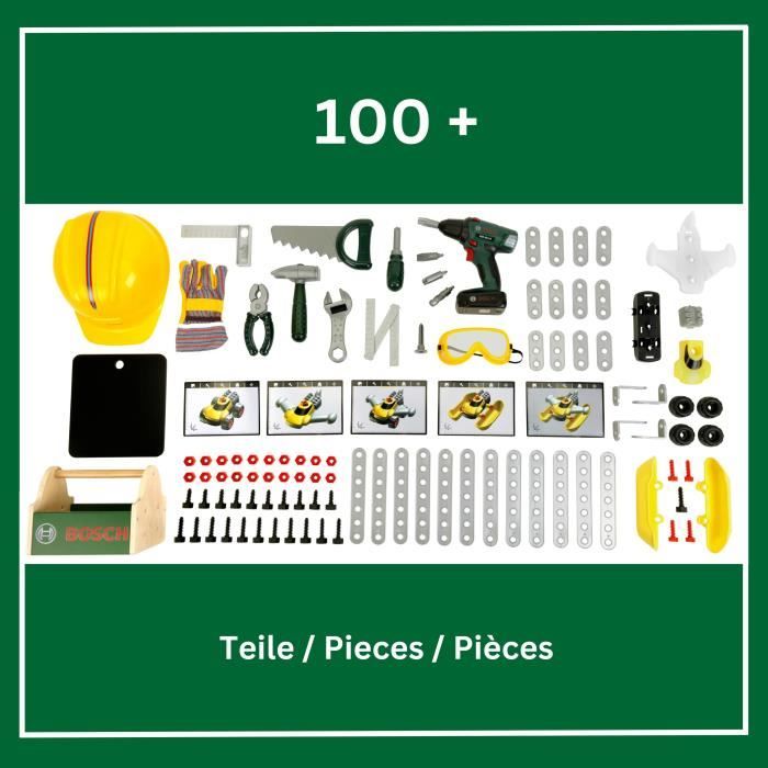 Grand établi Bosch - KLEIN - 8734 - Bois FSC - Avec visseuse électronique, caisse a outils, set de construction, etc. - Des 3 ans