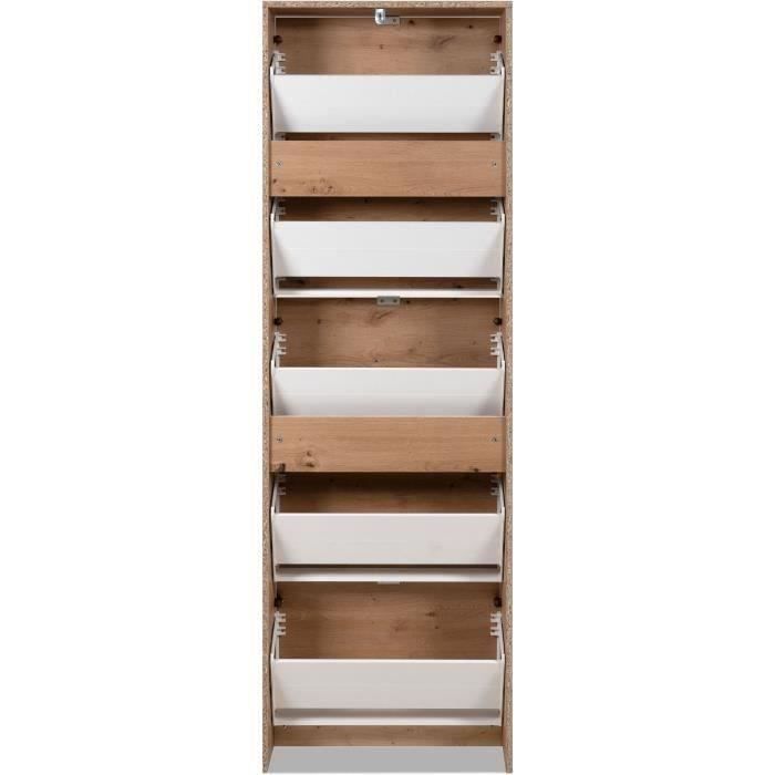 Meuble a chaussures - Décor Chene et facades Miroir - L 58 x H177 x P17 cm - 15 paires - 5 abattants - Facades miroir