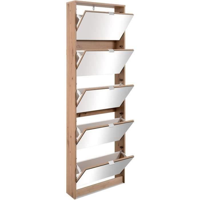 Meuble a chaussures - Décor Chene et facades Miroir - L 58 x H177 x P17 cm - 15 paires - 5 abattants - Facades miroir