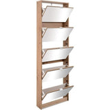 Meuble a chaussures - Décor Chene et facades Miroir - L 58 x H177 x P17 cm - 15 paires - 5 abattants - Facades miroir