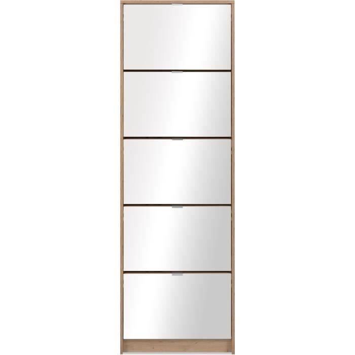 Meuble a chaussures - Décor Chene et facades Miroir - L 58 x H177 x P17 cm - 15 paires - 5 abattants - Facades miroir