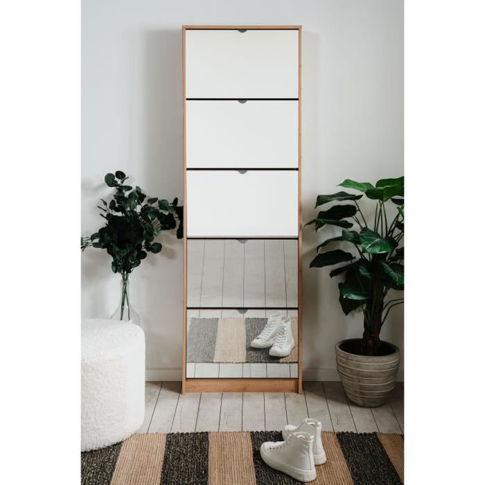 Meuble a chaussures - Décor Chene et facades Miroir - L 58 x H177 x P17 cm - 15 paires - 5 abattants - Facades miroir