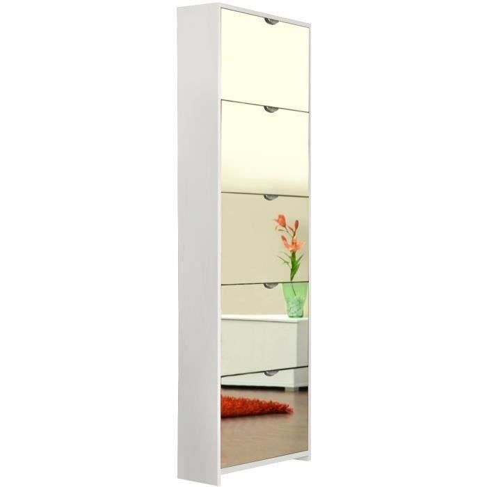 Meuble a chaussures - Blanc et Facades miroir- L58 x H177 x P17 cm - 15 paires - 5 abattants  - KOBLENZ